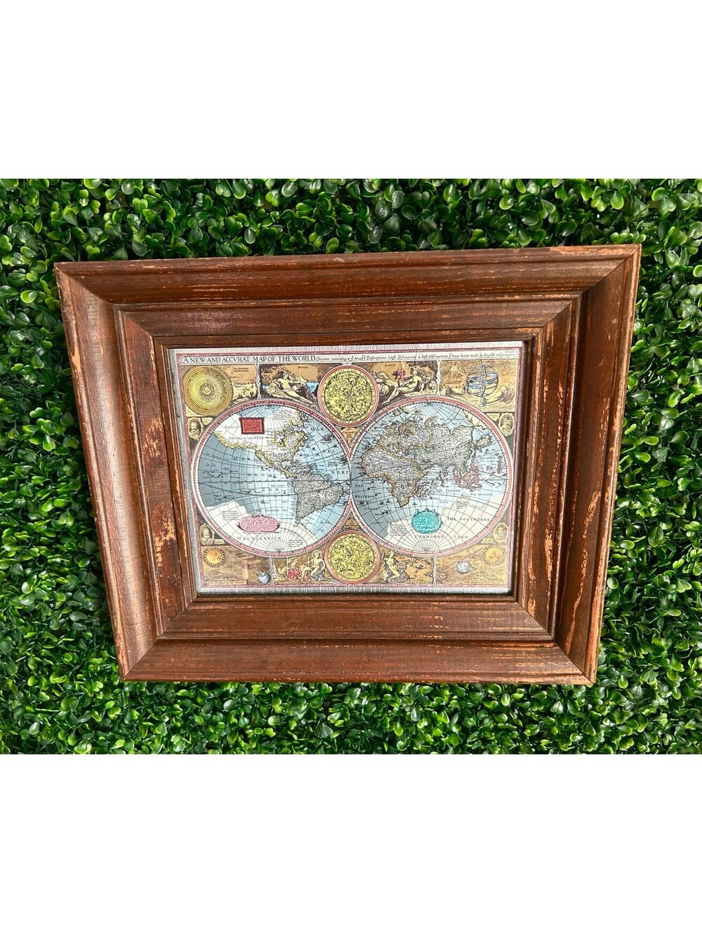 Vintage Foil World Map Framed Art Antique Style Celestial Cartography